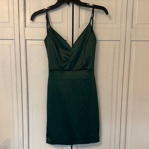 Windsor Emerald Satin V-Neck Spaghetti Strap Mini Dress